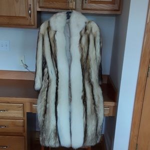Full length dyed raccoon coat with fox trim